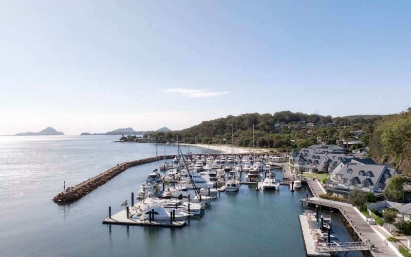 Aerial view of Anchorage Hotel & Spa and the Corlette marina, Port Stephens