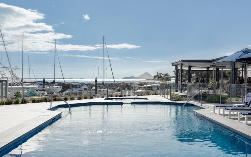 Swimming pool at Anchorage Hotel & Spa overlooking the marina, Port Stephens