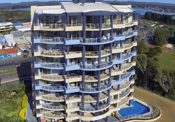 Aerial view of Beaches International apartments on Forster's Main Beach, NSW
