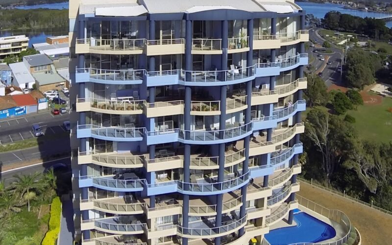Aerial view of Beaches International apartments on Forster's Main Beach, NSW