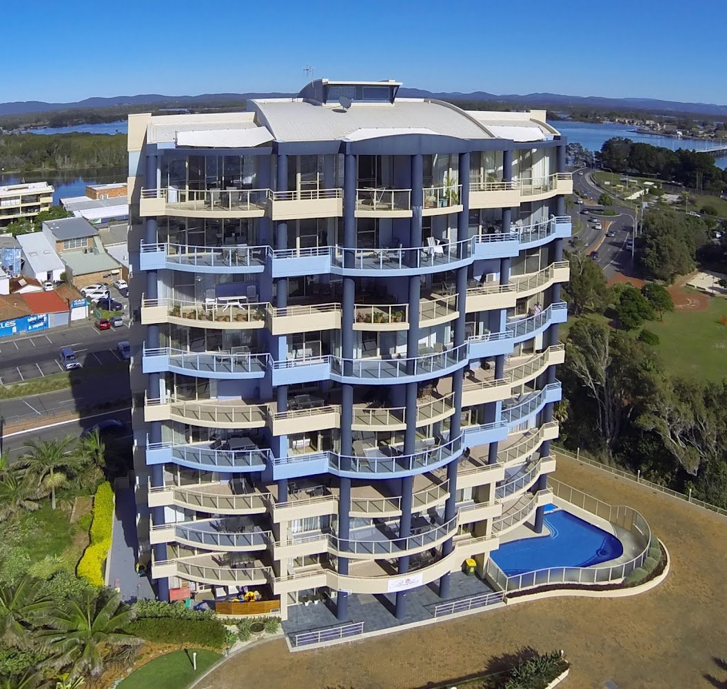 Aerial view of Beaches International apartments on Forster's Main Beach, NSW