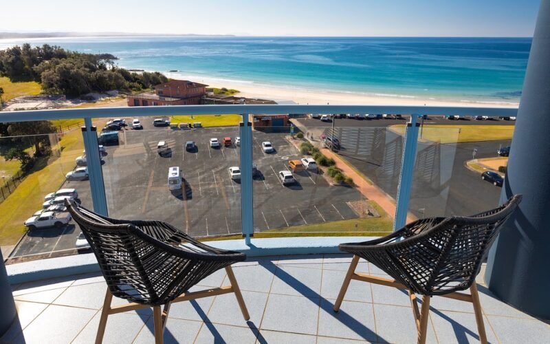 Balcony view over Main Beach from Beaches International, Forster