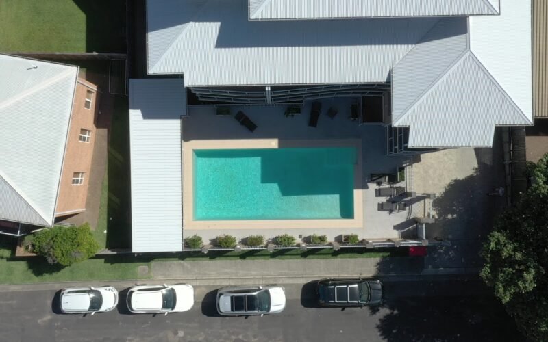 Aerial view of the pool at Copacabana Shores, Central Coast