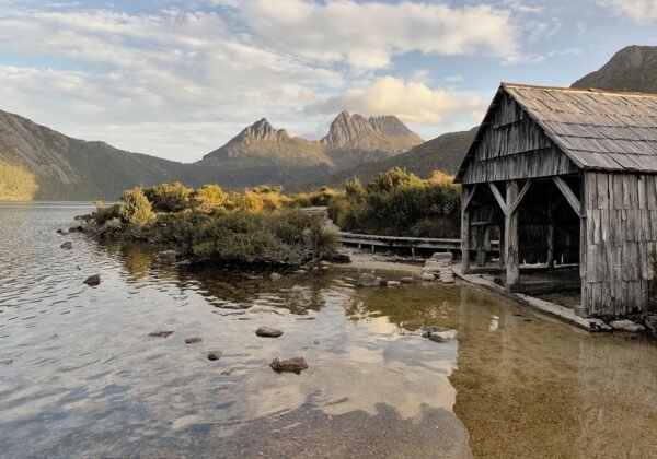 The historic boat shed at Dove Lake beneath Cradle Mountain, Tasmania