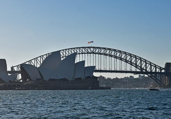View of the Sydney Opera House and Harbour Bridge from Fleet Steps, Mrs Macquaries Point