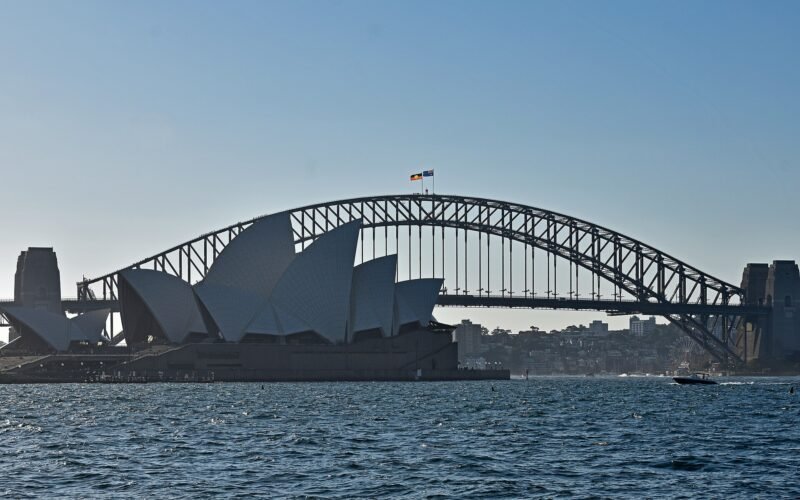 View of the Sydney Opera House and Harbour Bridge from Fleet Steps, Mrs Macquaries Point