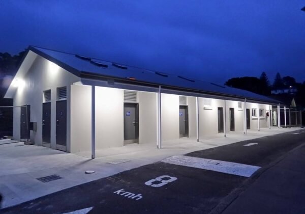 Amenities block at Kendalls On The Beach Holiday Park, Kiama at dusk