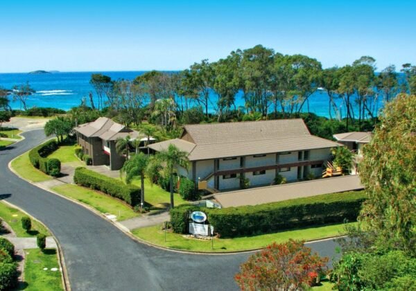 Aerial view of Smugglers on the Beach resort at Korora, near Coffs Harbour