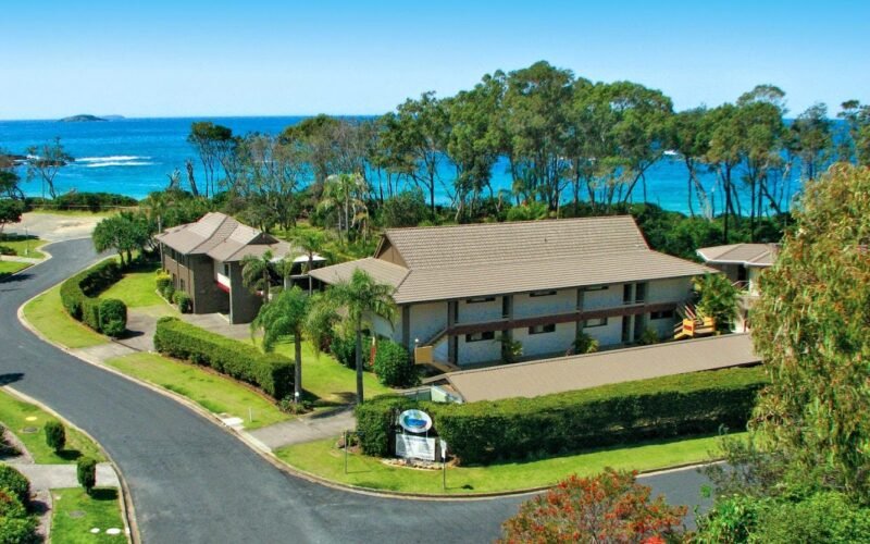 Aerial view of Smugglers on the Beach resort at Korora, near Coffs Harbour