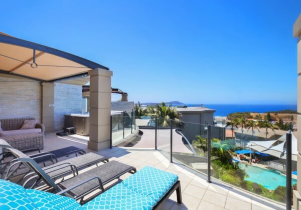 Ocean-view patio and pool deck at Star of the Sea, Terrigal NSW