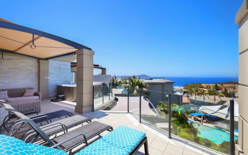 Ocean-view patio and pool deck at Star of the Sea, Terrigal NSW