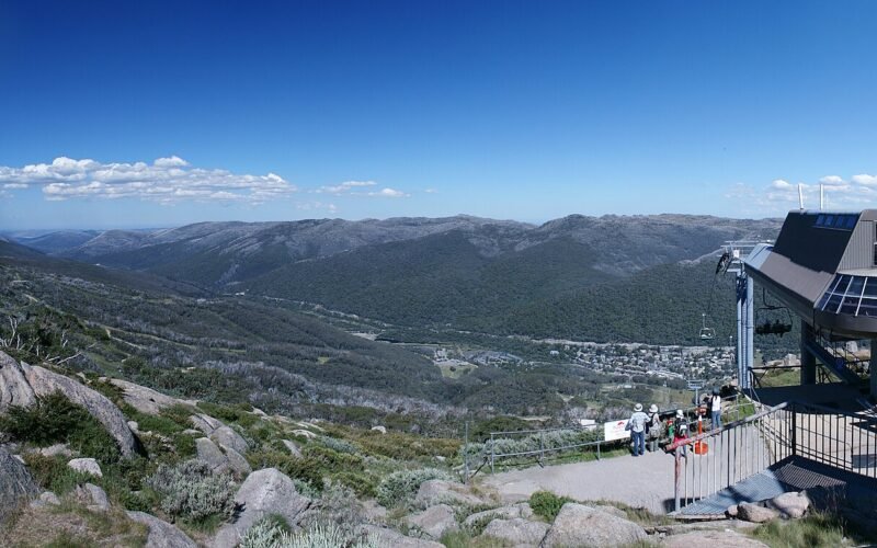 Thredbo village and chairlift base seen from the mountainside