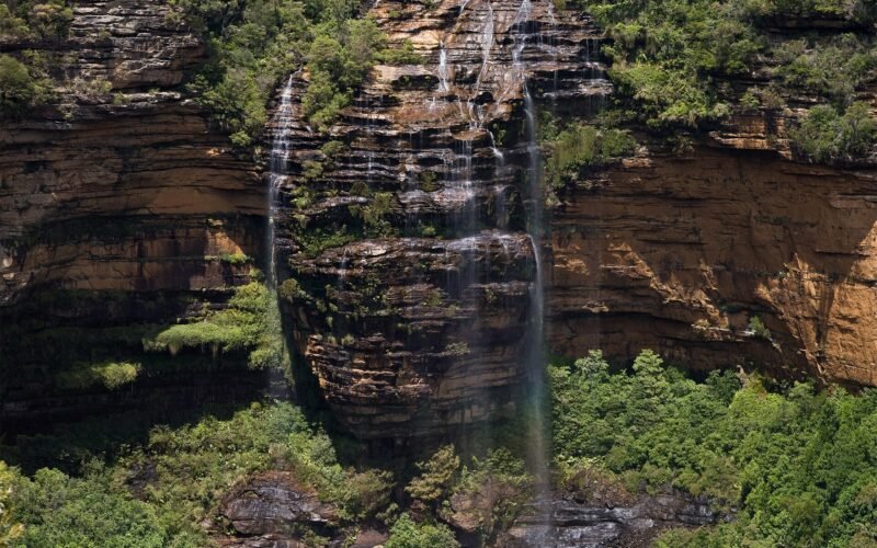Close view of Wentworth Falls cascading over rock shelves, Blue Mountains NSW