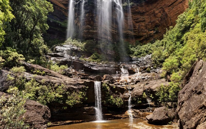 The tiered sandstone cascades of Wentworth Falls, Blue Mountains NSW